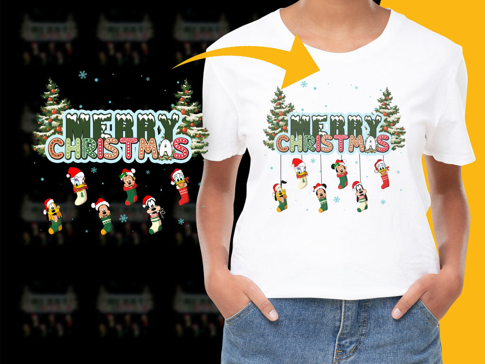 Merry Christmas T-Shirt, Festive Holiday Tee, Santa Graphic, Snowy Trees, Family Celebration Shirt