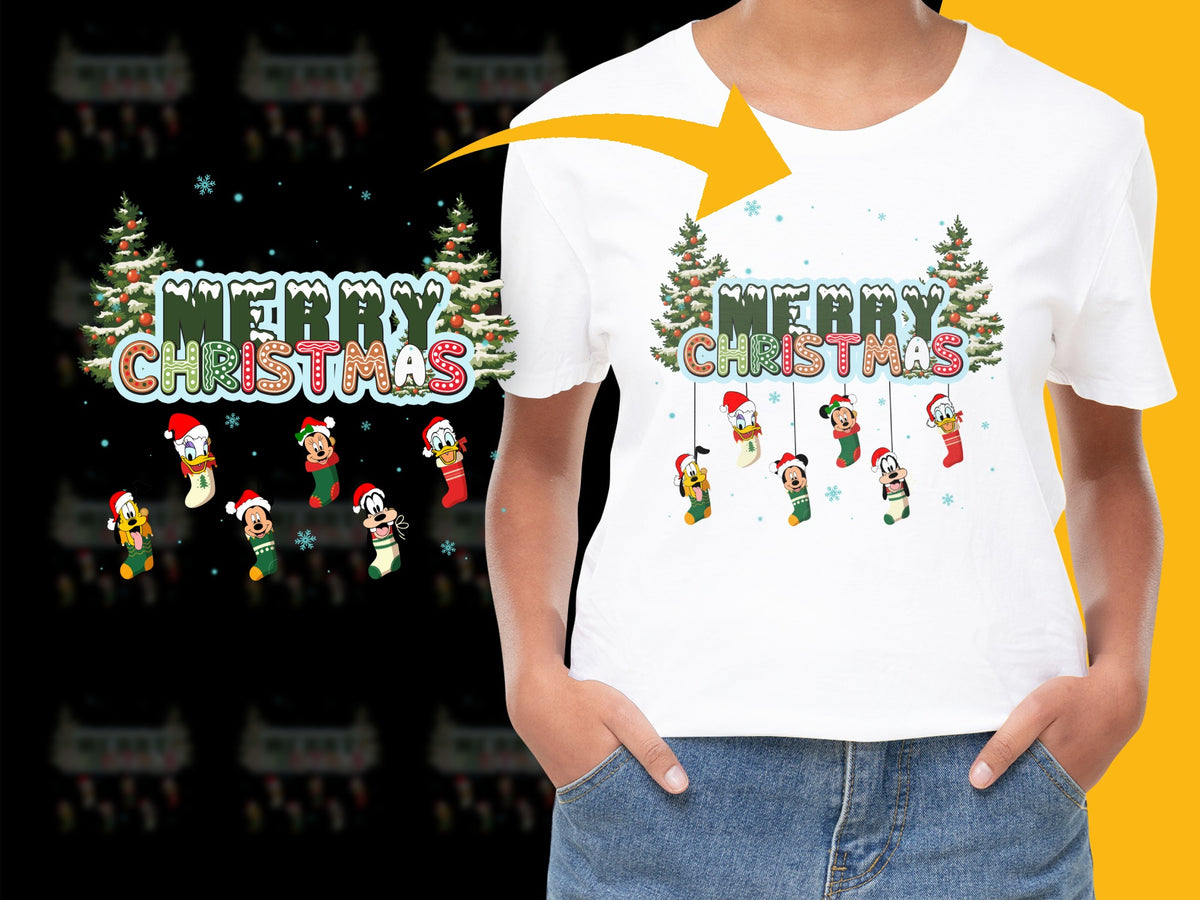 Merry Christmas T-Shirt, Festive Holiday Tee, Santa Graphic, Snowy Trees, Family Celebration Shirt