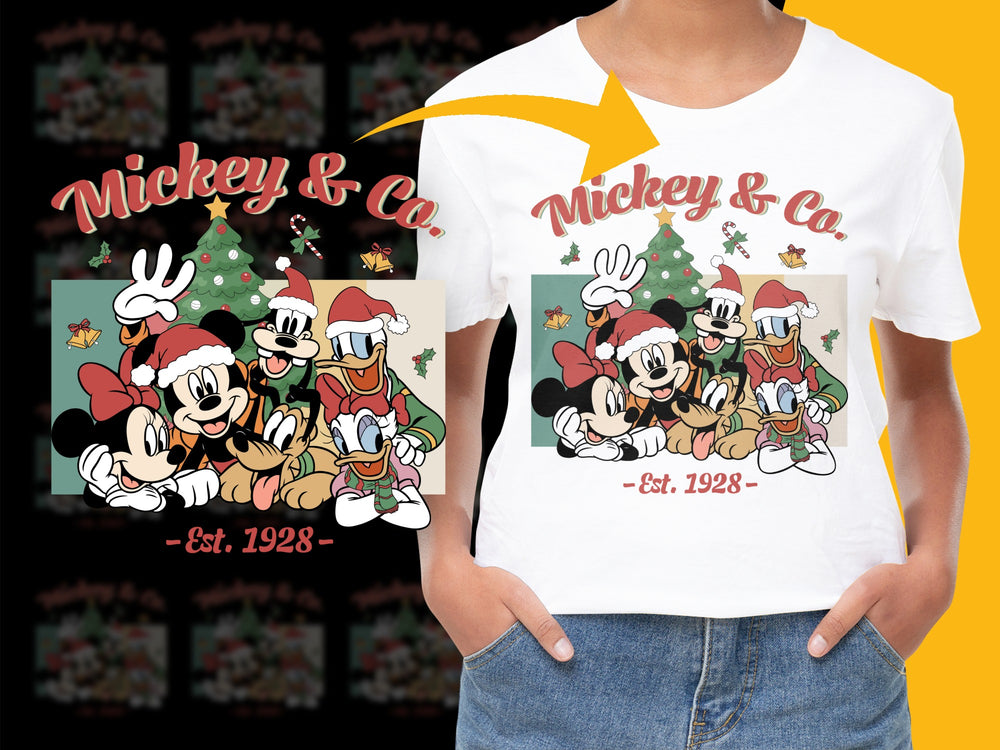 Vintage Mickey and Co Christmas T-Shirt, Disney Holiday Tee, Est. 1928, Retro Cartoon Apparel