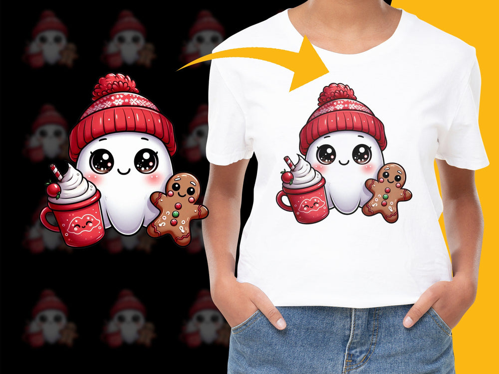 Cute Winter Holiday T-Shirt, Cartoon Hot Cocoa Gingerbread, Kids and Adults Casual Wear