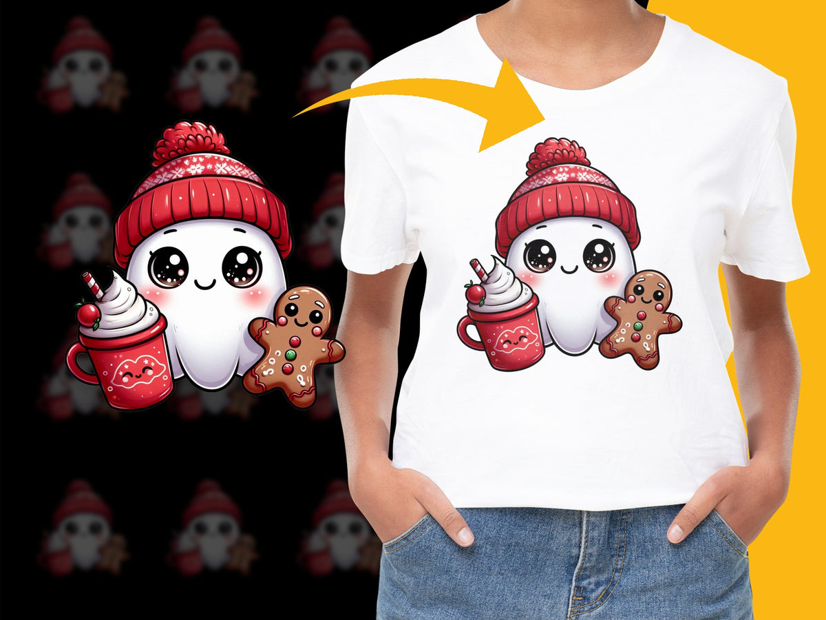 Cute Winter Holiday T-Shirt, Cartoon Hot Cocoa Gingerbread, Kids and Adults Casual Wear