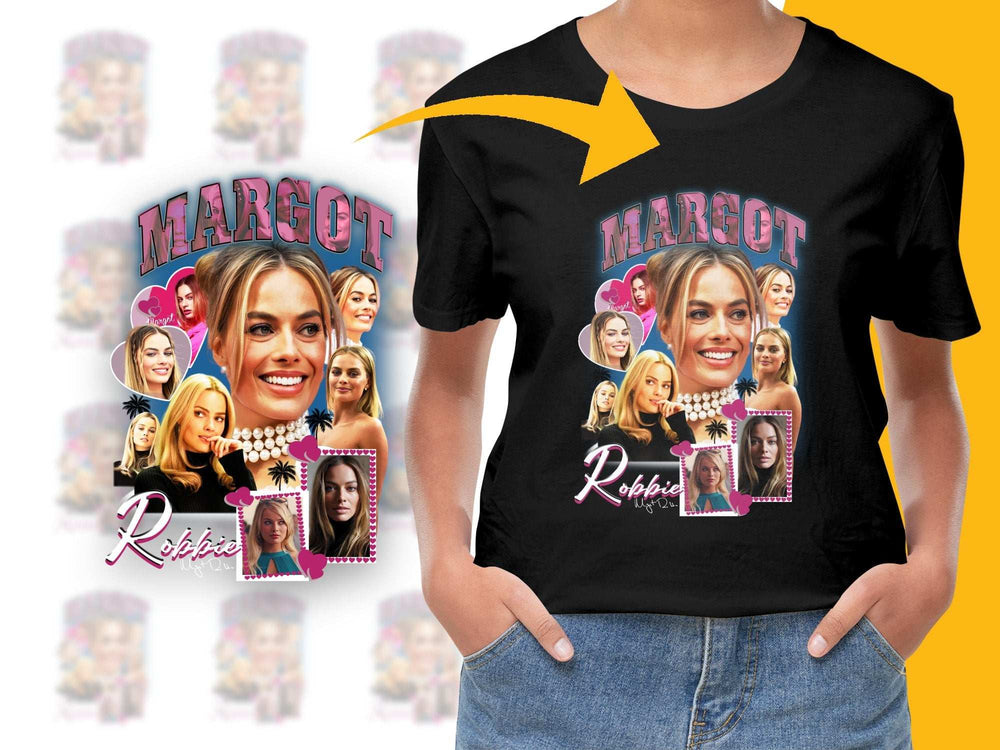 Margot Robbie Inspired Graphic T-Shirt, Custom Celebrity Photo Collage Tee, Fashionable Women's Black Top