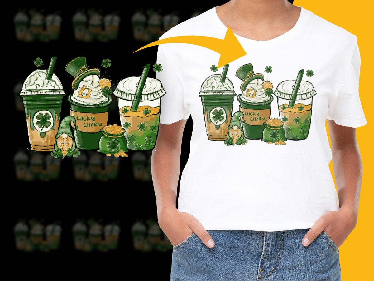 St. Patrick's Day Themed T-Shirt, Lucky Charm Coffee Cups Design, Festive Green Graphic Tee