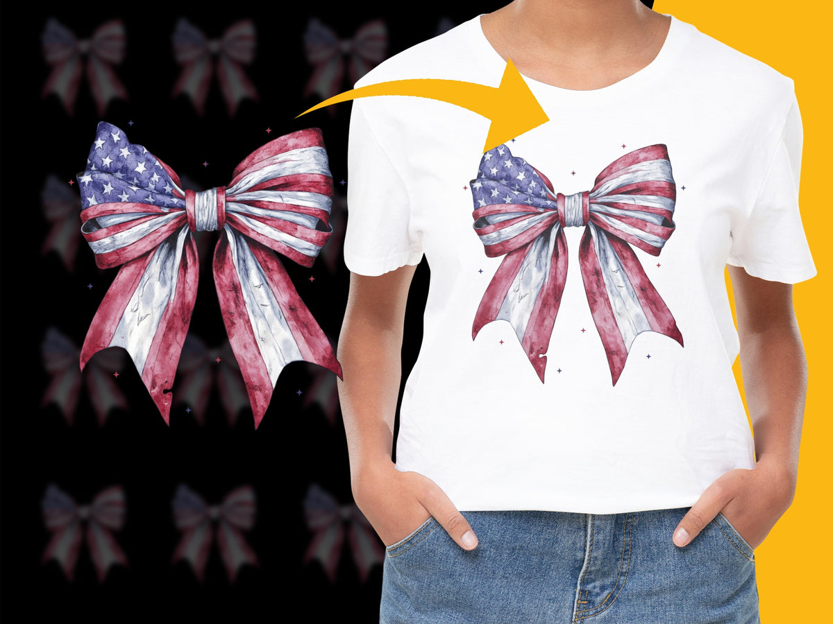 Patriotic Bow T-Shirt, American Flag Print Tee, 4th of July Comfortable Casual Top, Independence Day Outfit, Star Spangled Banner Design