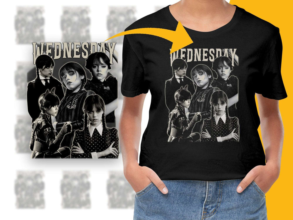 Wednesday Addams Inspired Graphic T-Shirt, Vintage Collage Style, Fan Merch, Black Cotton Tee
