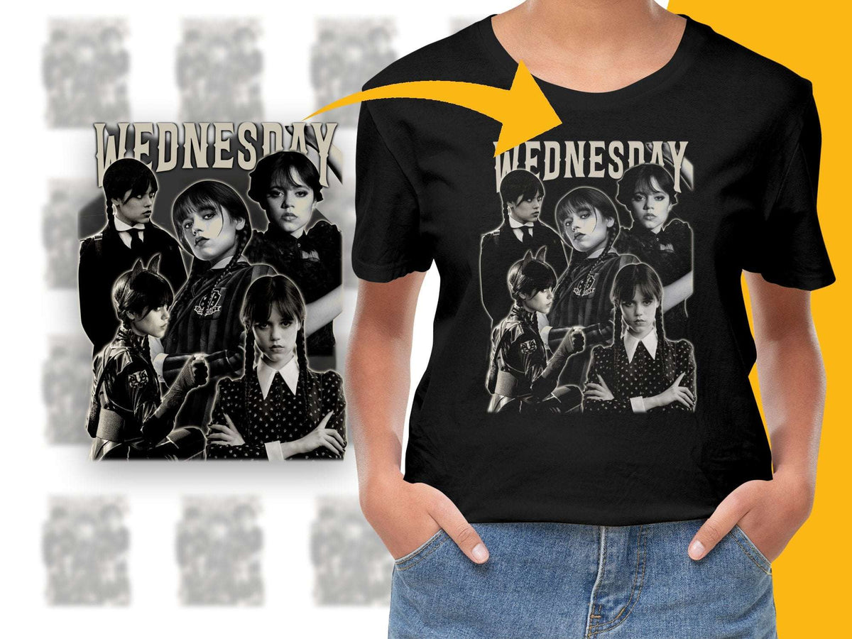 Wednesday Addams Inspired Graphic T-Shirt, Vintage Collage Style, Fan Merch, Black Cotton Tee