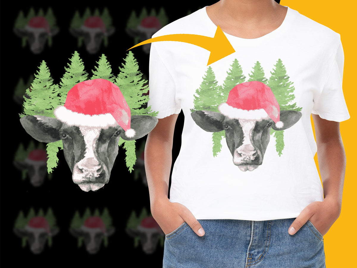 Christmas Cow T-Shirt, Festive Holiday Animal with Santa Hat, Unisex Graphic Tee for Adults and Kids