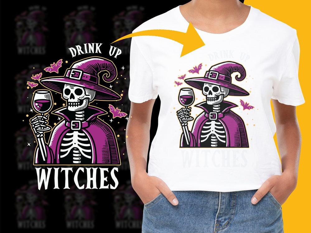 Halloween Skeleton T-Shirt, Drink Up Witches Graphic Tee, Spooky Witch Hat and Wine, Unisex Party Outfit
