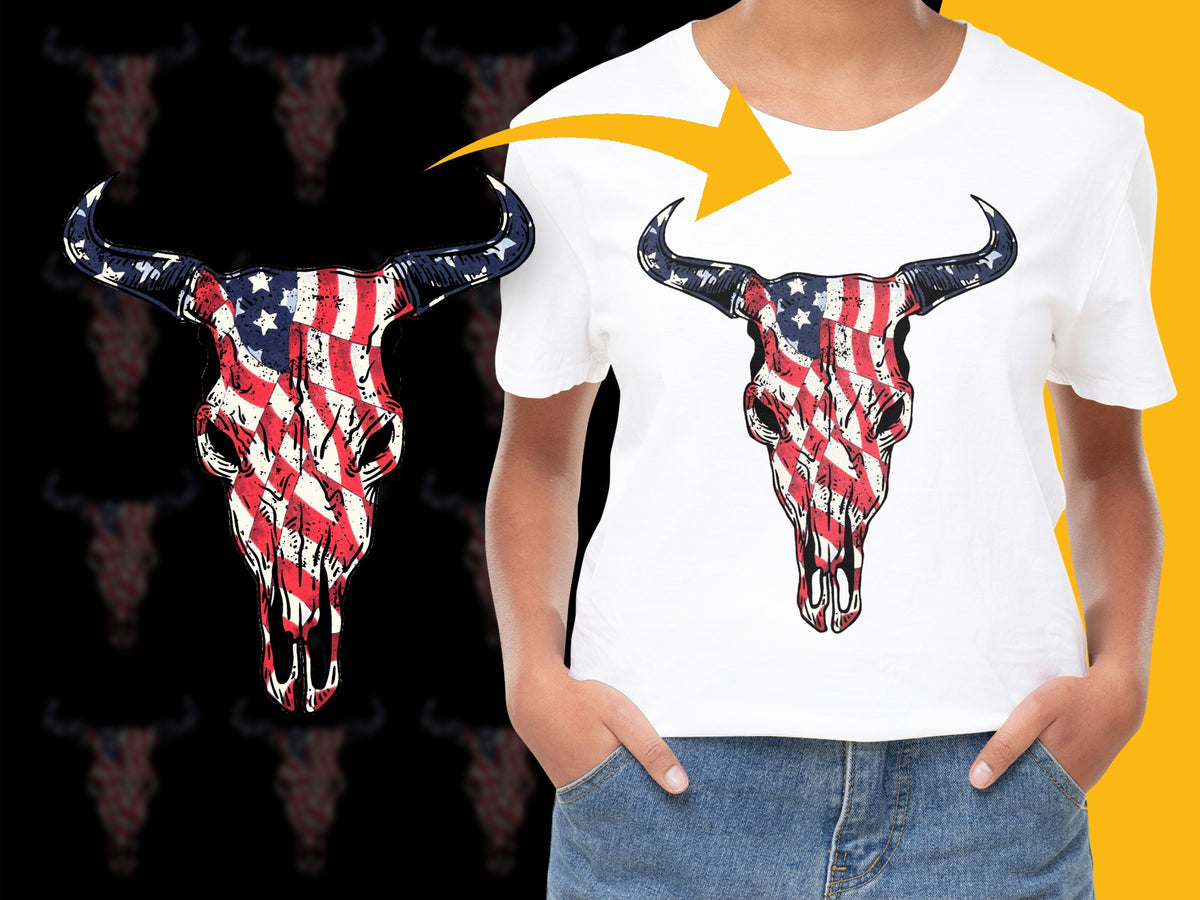 Patriotic Bull Skull T-Shirt, American Flag Print, USA Independence Day, Unisex Graphic Tee