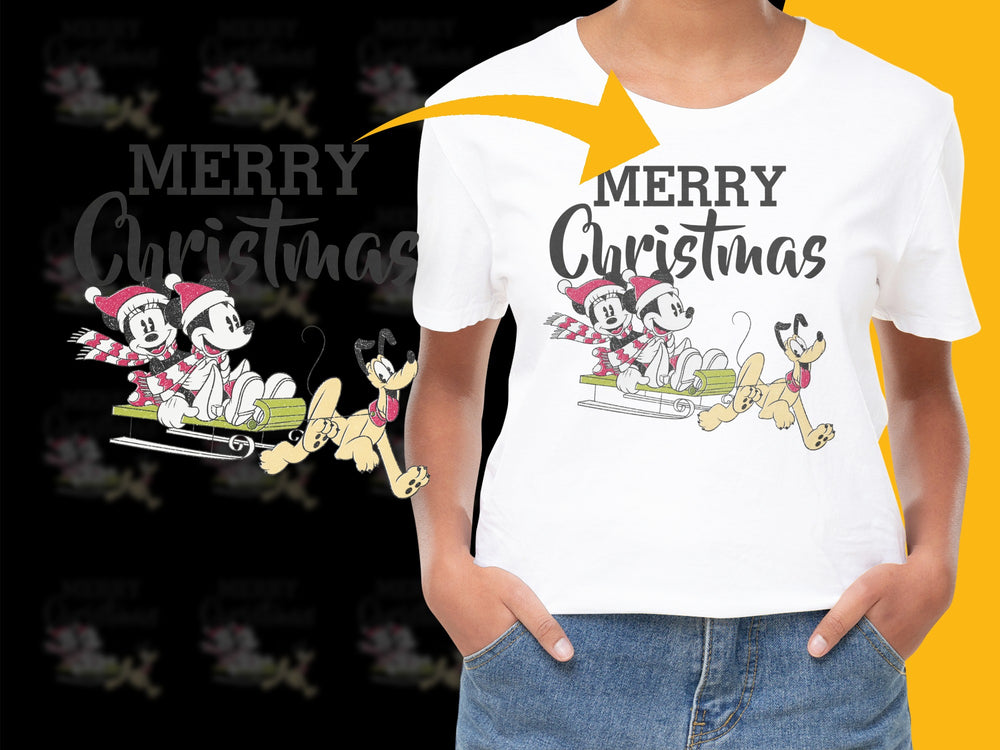 Merry Christmas T-Shirt Cartoon Dogs Sledding Holiday Graphic Tee Cute Xmas Apparel Fun Festive Clothing Unisex Gift Idea