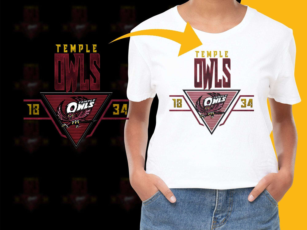 Temple Owls Graphic T-Shirt, College Team Sports Tee, Unisex Red Triangle Logo, Casual Fan Apparel