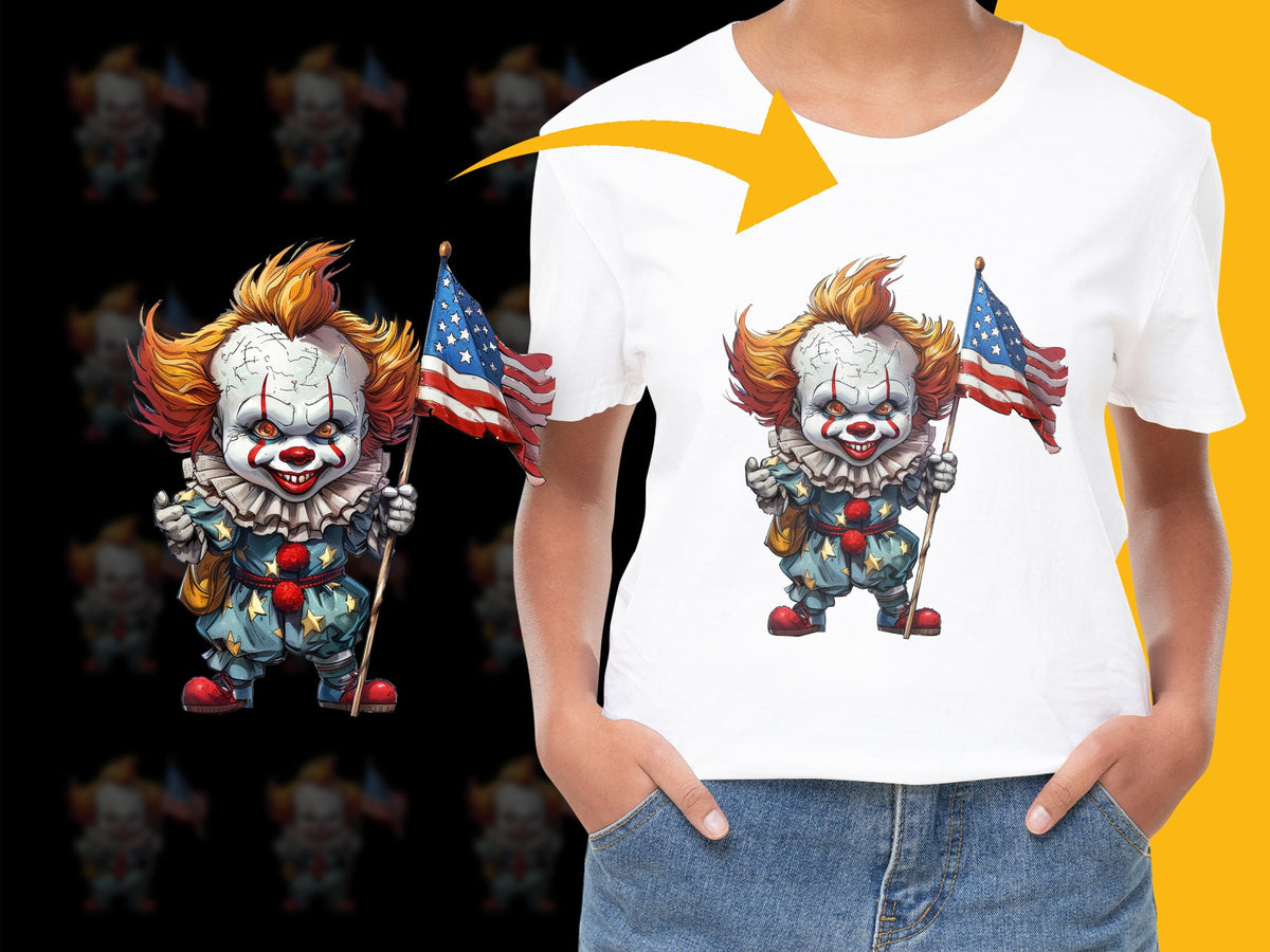 Horror Clown Graphic T-Shirt, American Flag Design Tee, Unisex Horror Movie Inspired Top