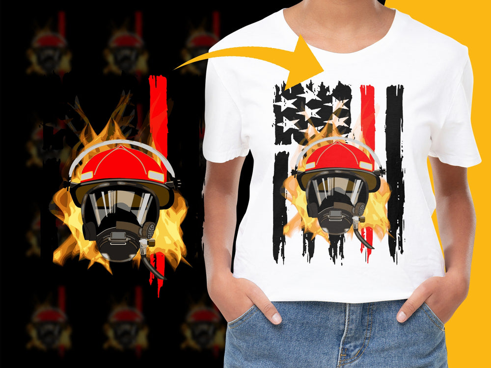 Firefighter Helmet Graphic T-Shirt, Bold Fire and Flag Design, Unisex Casual Wear, Gift for Firefighters, Patriotic Tee