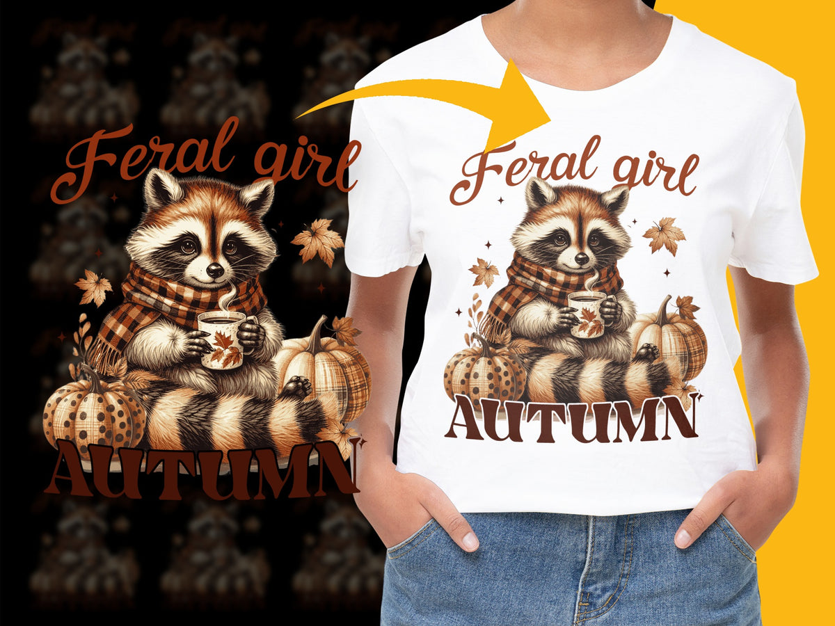 Feral Girl Autumn Raccoon T-Shirt, Cute Fall Wildlife Graphic Tee, Cozy Seasonal Apparel