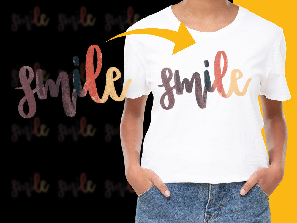 Women's Smile T-Shirt, Trendy Graphic Tee, Colorful Calligraphy, Casual Fashion Top, Summer Outfit Ideas