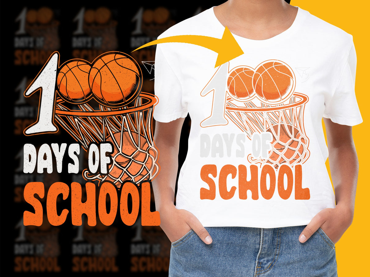 Kids 100 Days of School T-Shirt, Orange Basketball Graphic Tee, Celebratory School Shirt for Boys and Girls