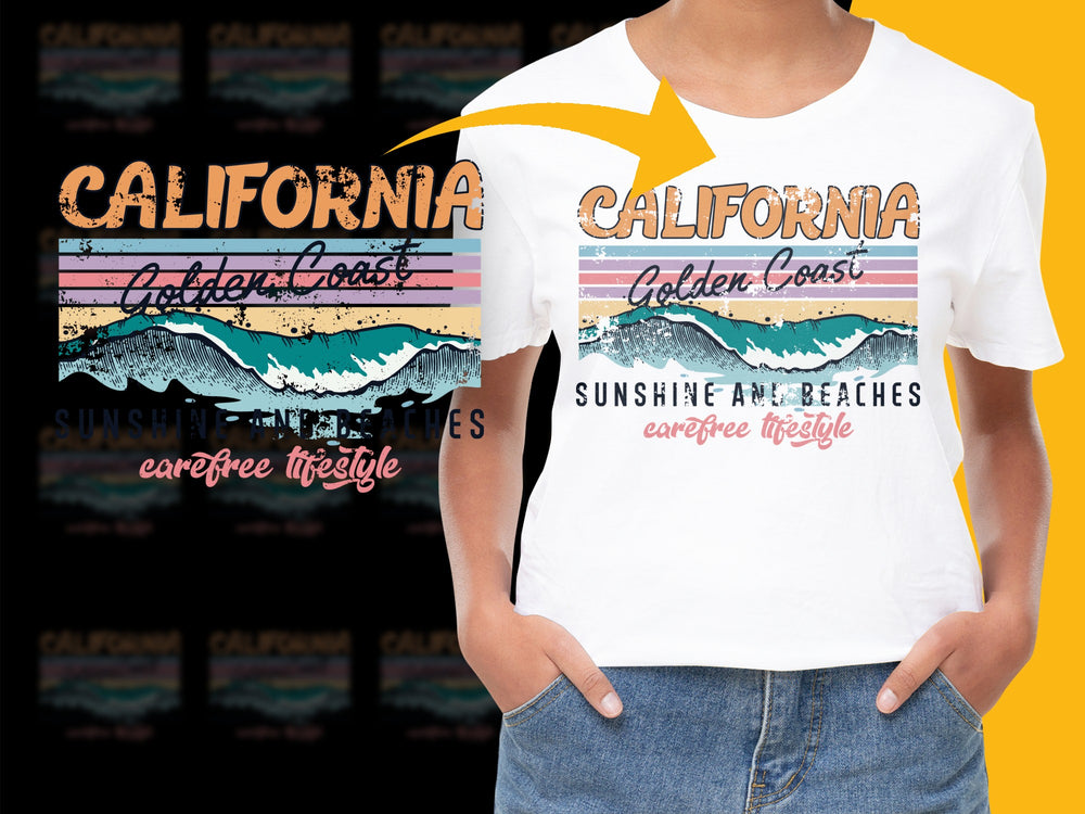 California Golden Coast T-Shirt Vintage Retro Beach Graphic Tee Sunshine and Beaches Casual Top