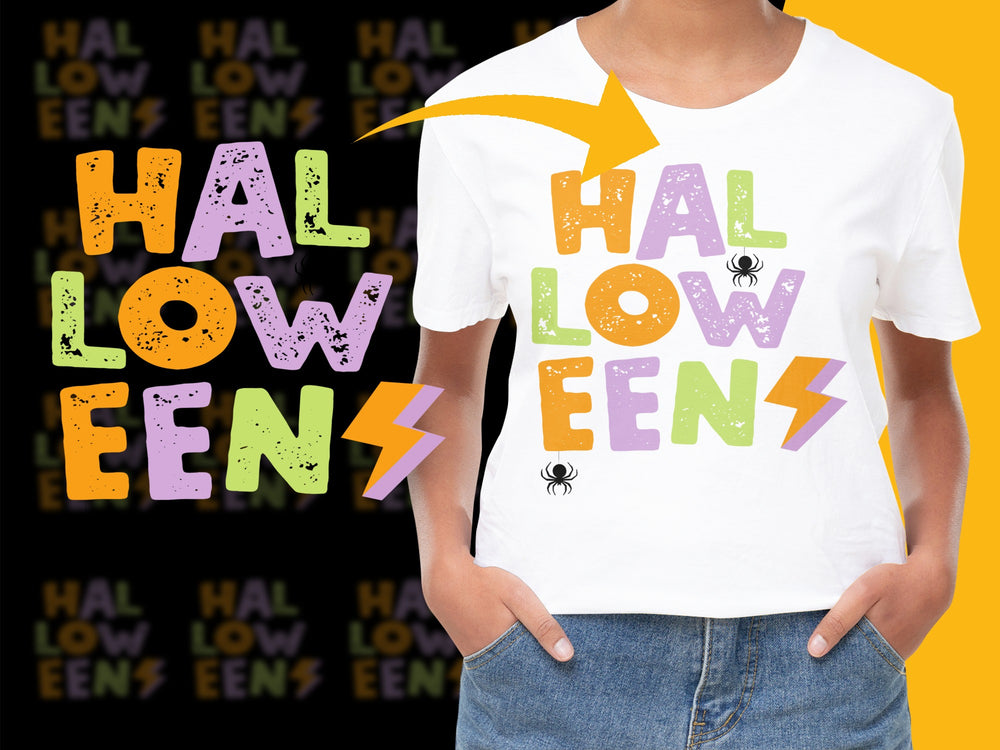 Kids Halloween T-Shirt Colorful 'Halloween' Text with Spiders and Lightning Bolts