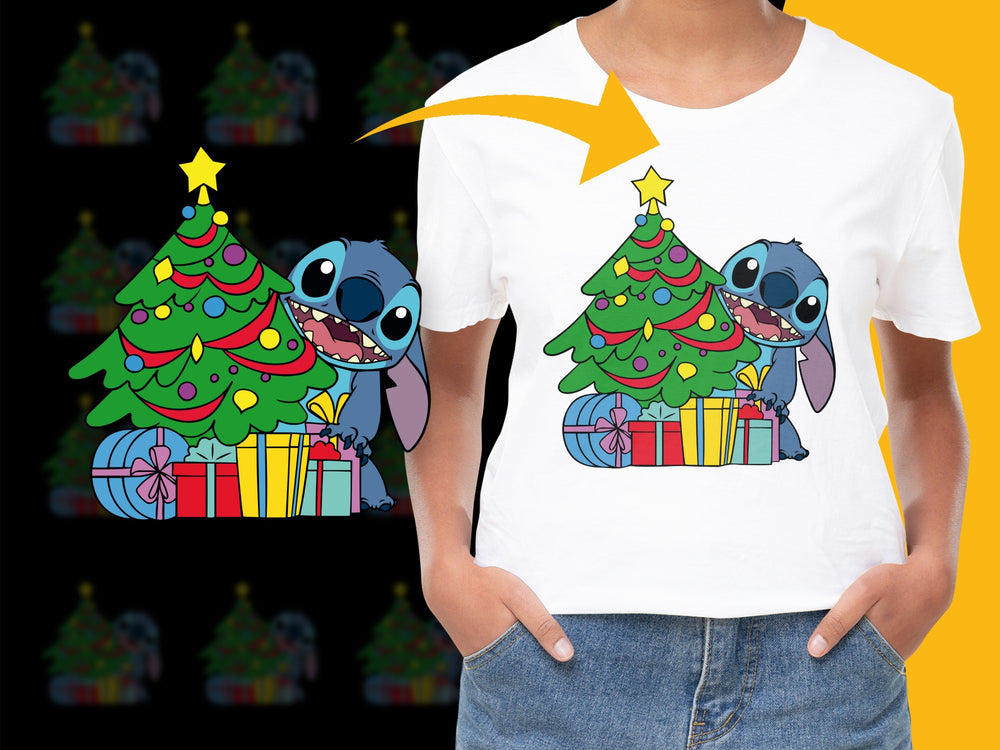 Kids Christmas T-Shirt Cute Cartoon Alien Under Tree with Gifts Holiday Apparel