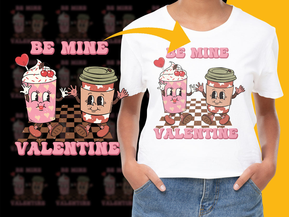 Valentine's Day Coffee Cup T-Shirt, Cute Be Mine Graphic Tee, Romantic Gift, Chocolate Hearts Design