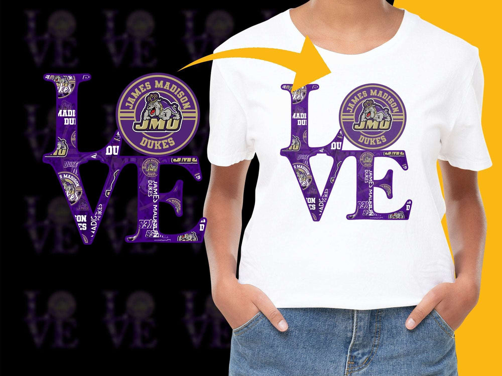 James Madison University T-Shirt, JMU Dukes Love Graphic Tee, Purple and Gold, College Apparel, Unisex Sizes