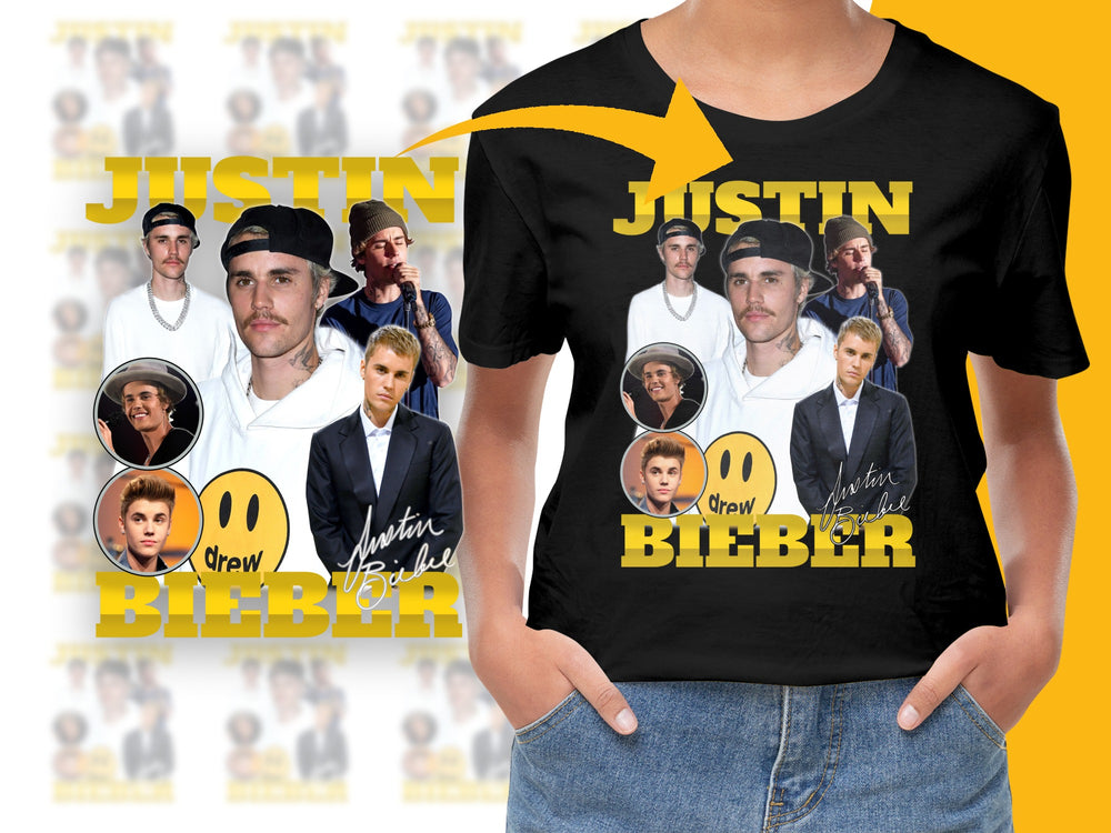 Justin Bieber Fan T-Shirt, Multiple Poses Pop Art Style, Graphic Tee for Beliebers, Trendy Music Apparel