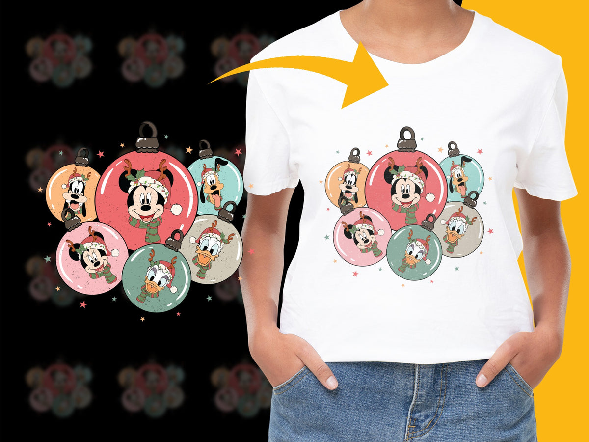 Disney Christmas Ornaments T-Shirt, Mickey Mouse Holiday Tee, Cartoon Character Festive Apparel