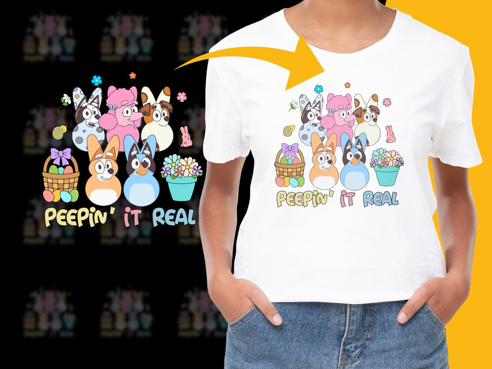 Cute Easter Bunny T-Shirt for Kids, Peepin' It Real Spring Holiday Tee, Colorful Cartoon Rabbit Design