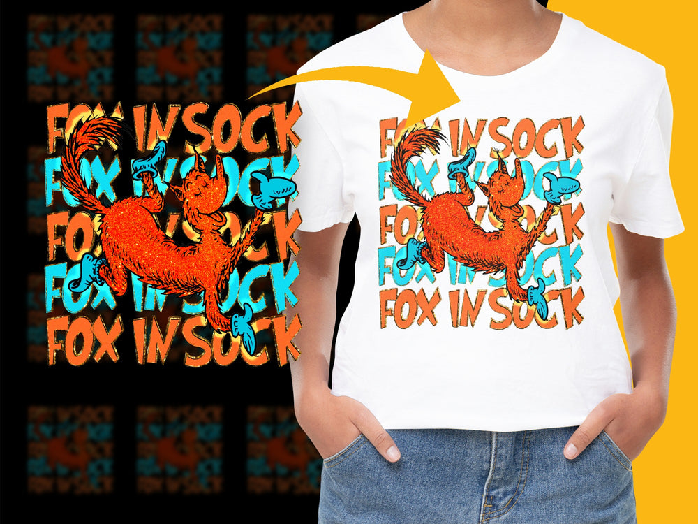 Colorful Fox in Socks Graphic T-Shirt, Dr. Seuss Inspired Casual Tee, Fun Bold Typography Design, Unisex Fashion Top, Kids and Adults Sizes