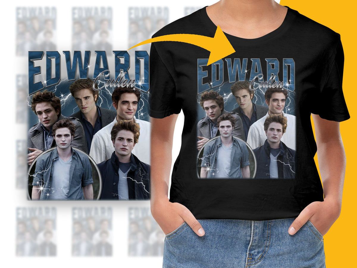 Edward Fan T-Shirt, Classic Movie Character Collage, Unisex Graphic Tee, Black Cotton Shirt