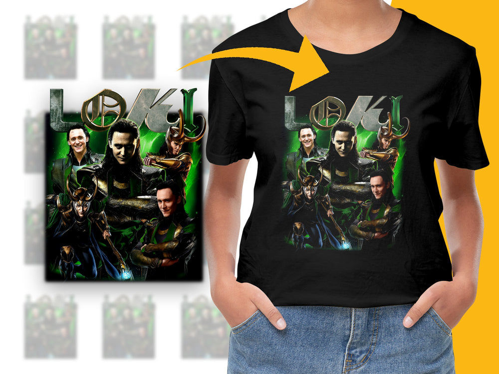 Loki Themed T-Shirt, Marvel Comics Inspired, Multiple Poses Graphic Tee, Unisex Black Cotton Shirt
