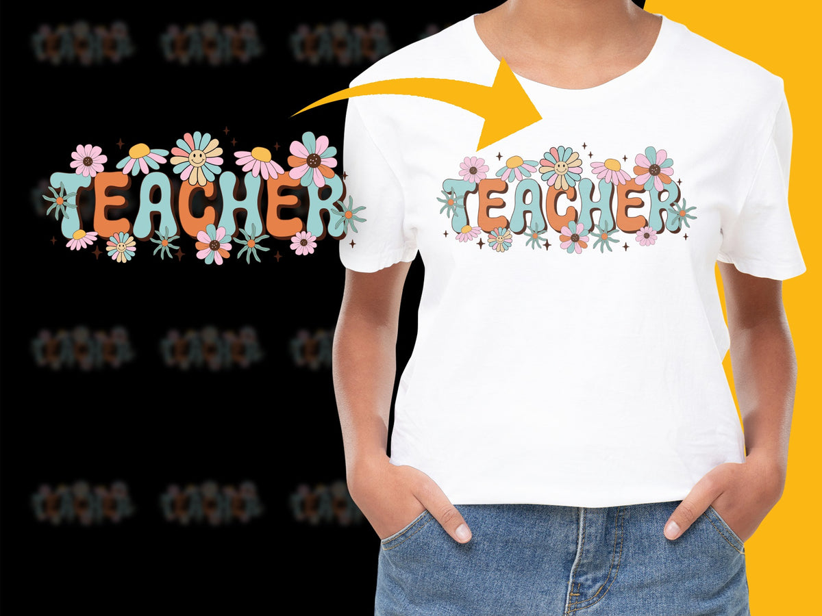 Colorful Teacher Floral Graphic T-Shirt, Cute Educator Appreciation Gift, Spring Flowers Design Tee for Women