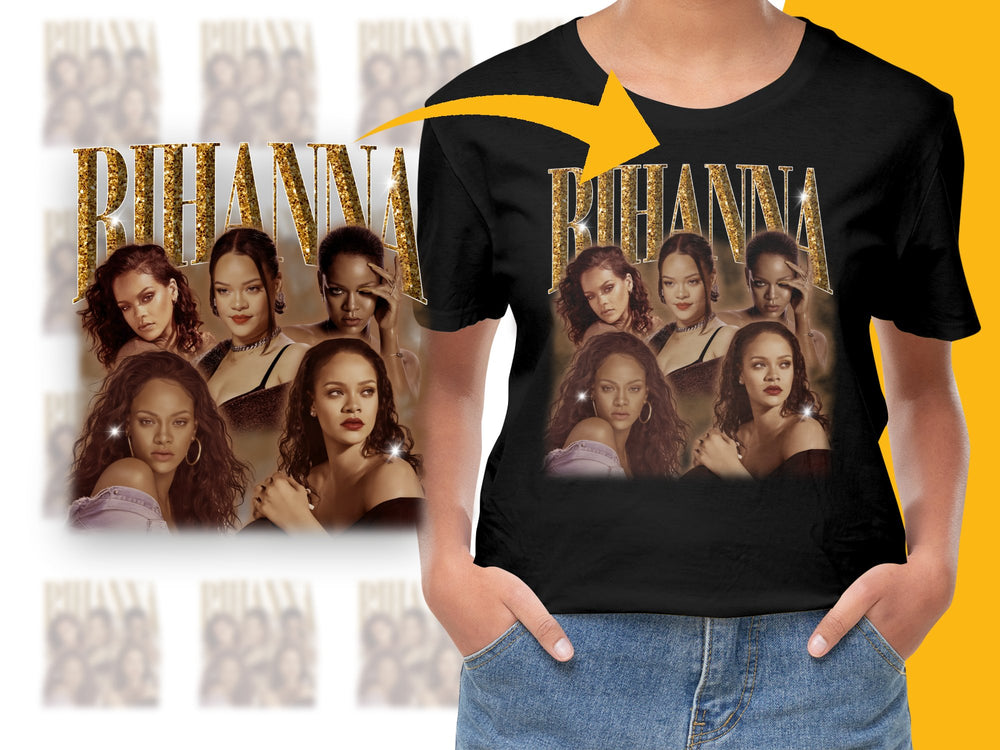 Rihanna Collage T-Shirt, Pop Icon Graphic Tee, Music Lover Gift, Stylish Black Shirt