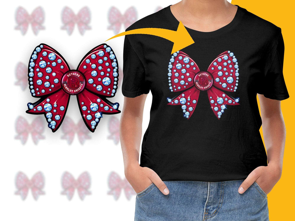 Women's Black T-Shirt with Red Bow Print, Casual Rhinestone Bowknot Graphic Tee