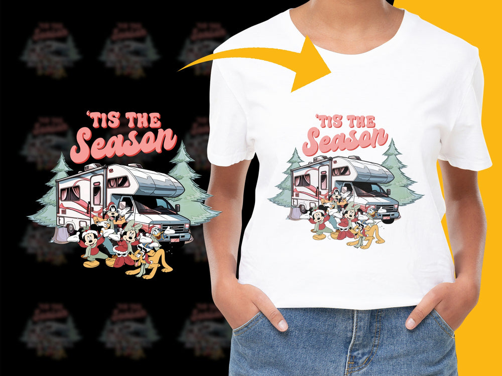 Disney Christmas T-Shirt, Mickey Friends Holiday RV Tee, Festive Family Vacation Apparel, Unisex White Graphic Shirt