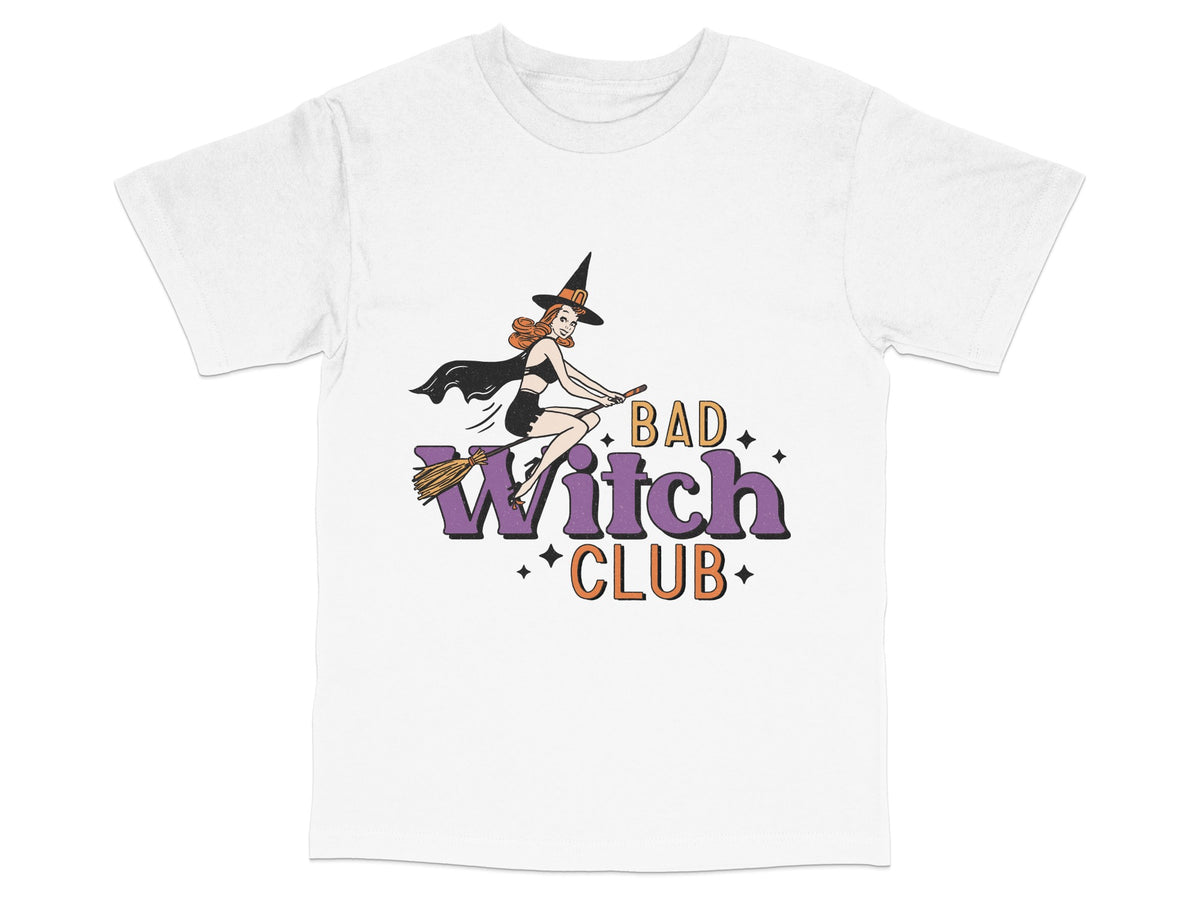 Bad Witch Club T-Shirt, Halloween Witch and Broom Graphic Tee, Women's White Casual Shirt, Spooky Season Apparel