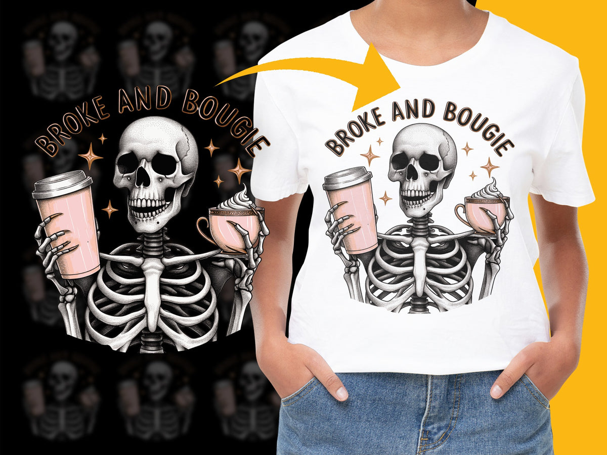 Broke and Bougie Skeleton Graphic T-Shirt, Funny Skull with Coffee, Hipster Style Tee, Trendy Halloween Shirt, Unisex Fashion Top