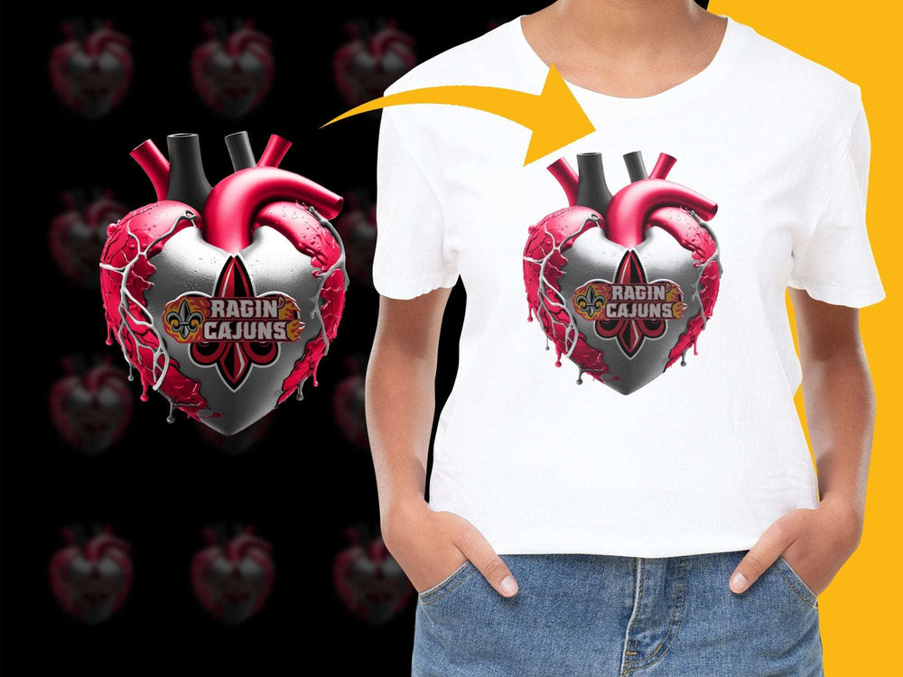 Ragin' Cajuns Heart Design T-Shirt, Bold Graphic Tee, Sports Fan Apparel, Unique College Support Shirt