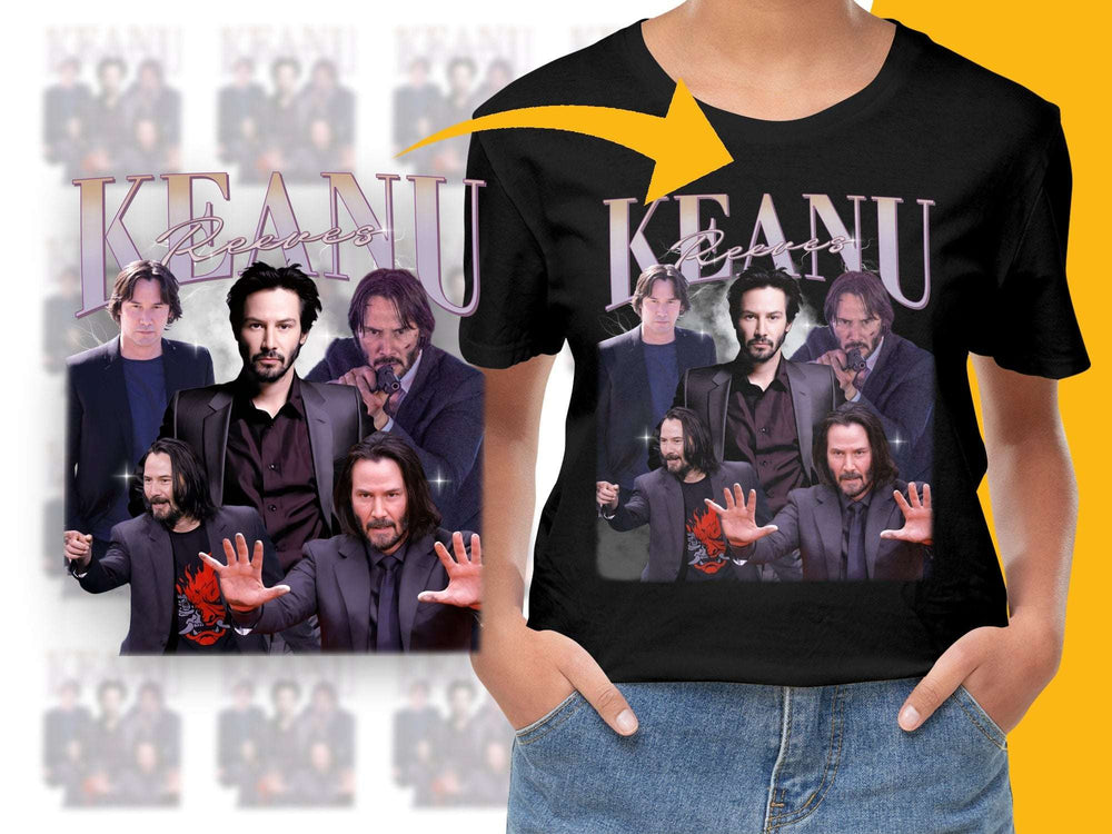 Keanu Reeves Fan T-Shirt, Collage Graphic Tee, Multiple Poses, Unisex Black Shirt, Movie Star Casual Wear, Stylish Gift Idea