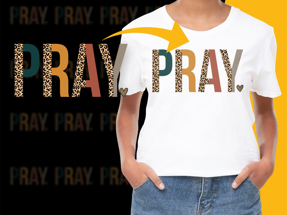 Women's Pray Graphic T-Shirt, Leopard Print Letters, Inspirational Christian Tee, Casual Fashion Top