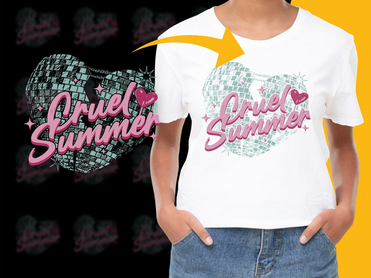 Women's White T-Shirt with 'Cruel Summer' Graphic, Pink Lettering, Heart Design, Trendy Summer Fashion Top