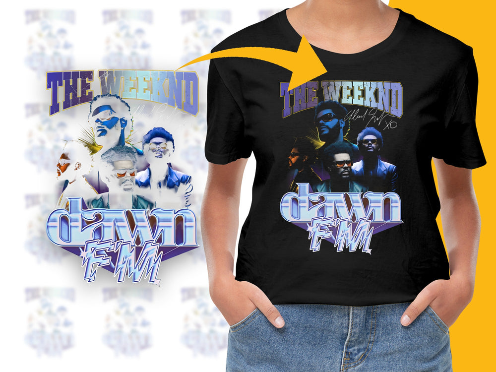 The Weekend Dawn FM Inspired Graphic T-Shirt, Vintage Look Pop Music Tee, Trendy Band Shirt for Concerts and Casual Wear.