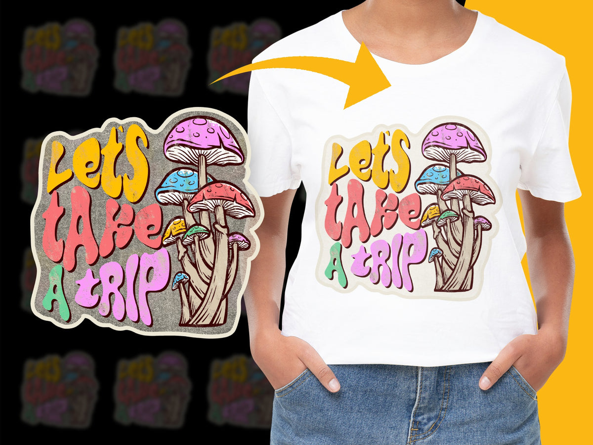 Psychedelic Mushroom T-Shirt, Let's Take a Trip Graphic Tee, Colorful Unisex Casual Top, Funky Festival Fashion