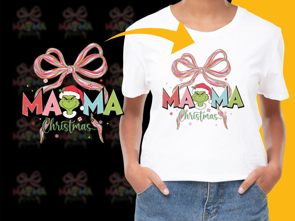 Mama Christmas T-Shirt, Festive Holiday Graphic Tee, Women's Casual Xmas Top with Bow and Grinch Design