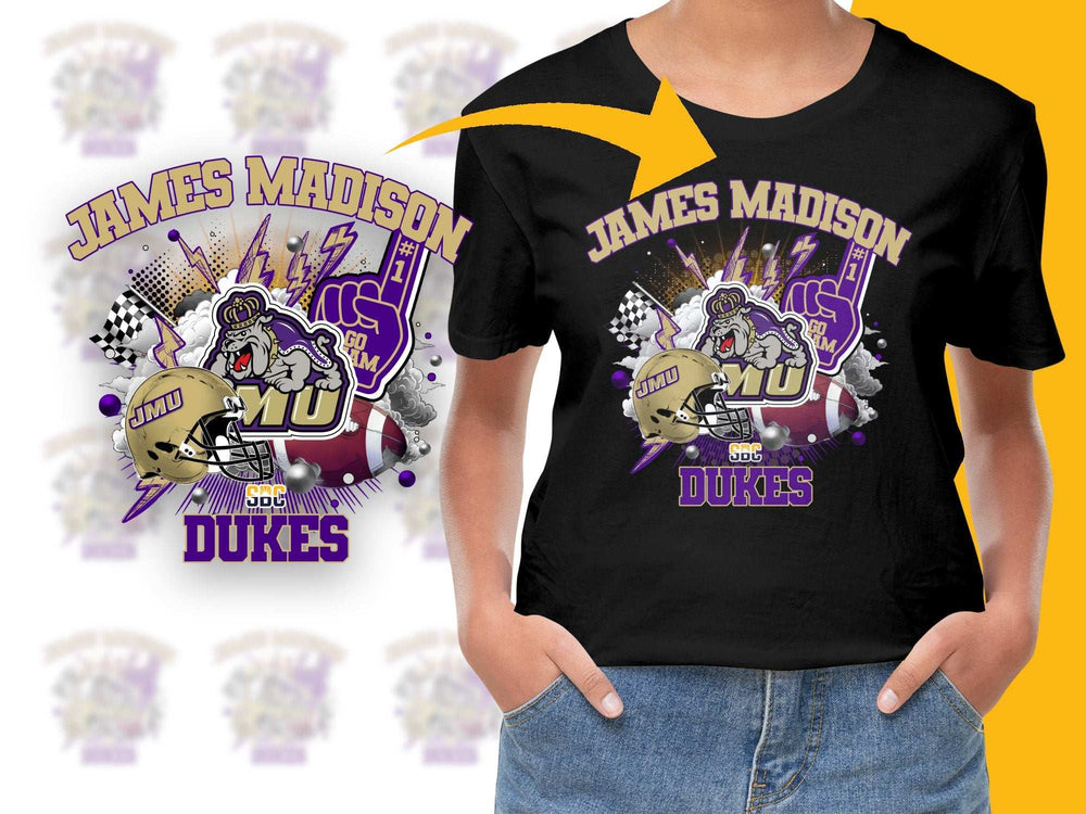 James Madison University Dukes Graphic T-Shirt, JMU College Apparel, Trendy Sports Fan Tee, Bold Purple and Gold Design