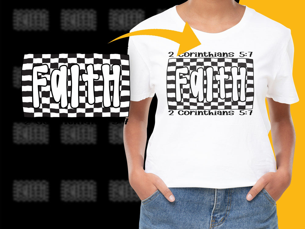 Faith T-Shirt, Black and White Checkered Pattern, 2 Corinthians 5:7 Quote, Religious Graphic Tee, Inspirational Clothing