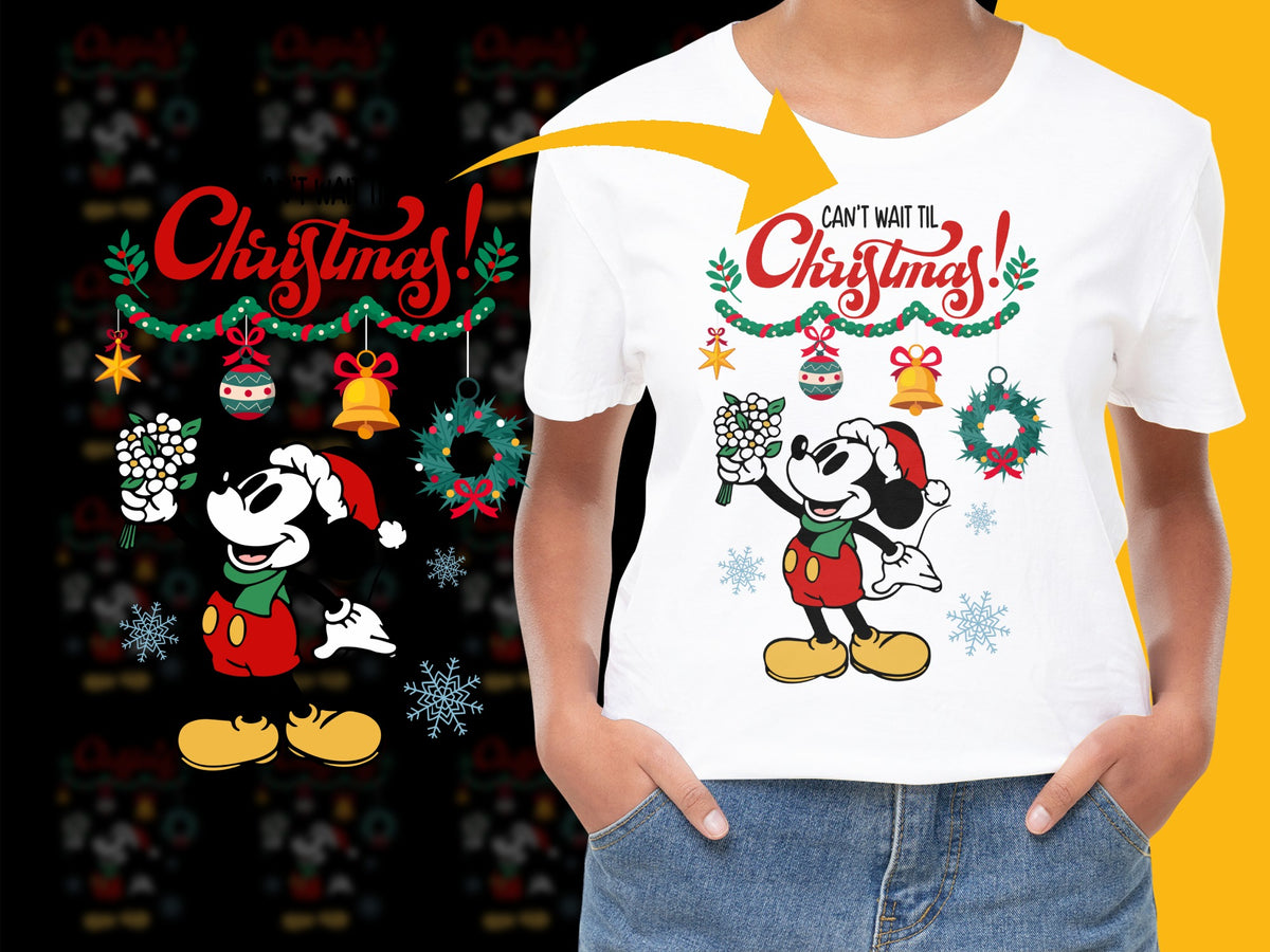 Christmas Holiday Mickey Mouse T-Shirt, Festive Cartoon Graphic Tee, Snowflakes and Decor, Kids and Adults Sizes Available