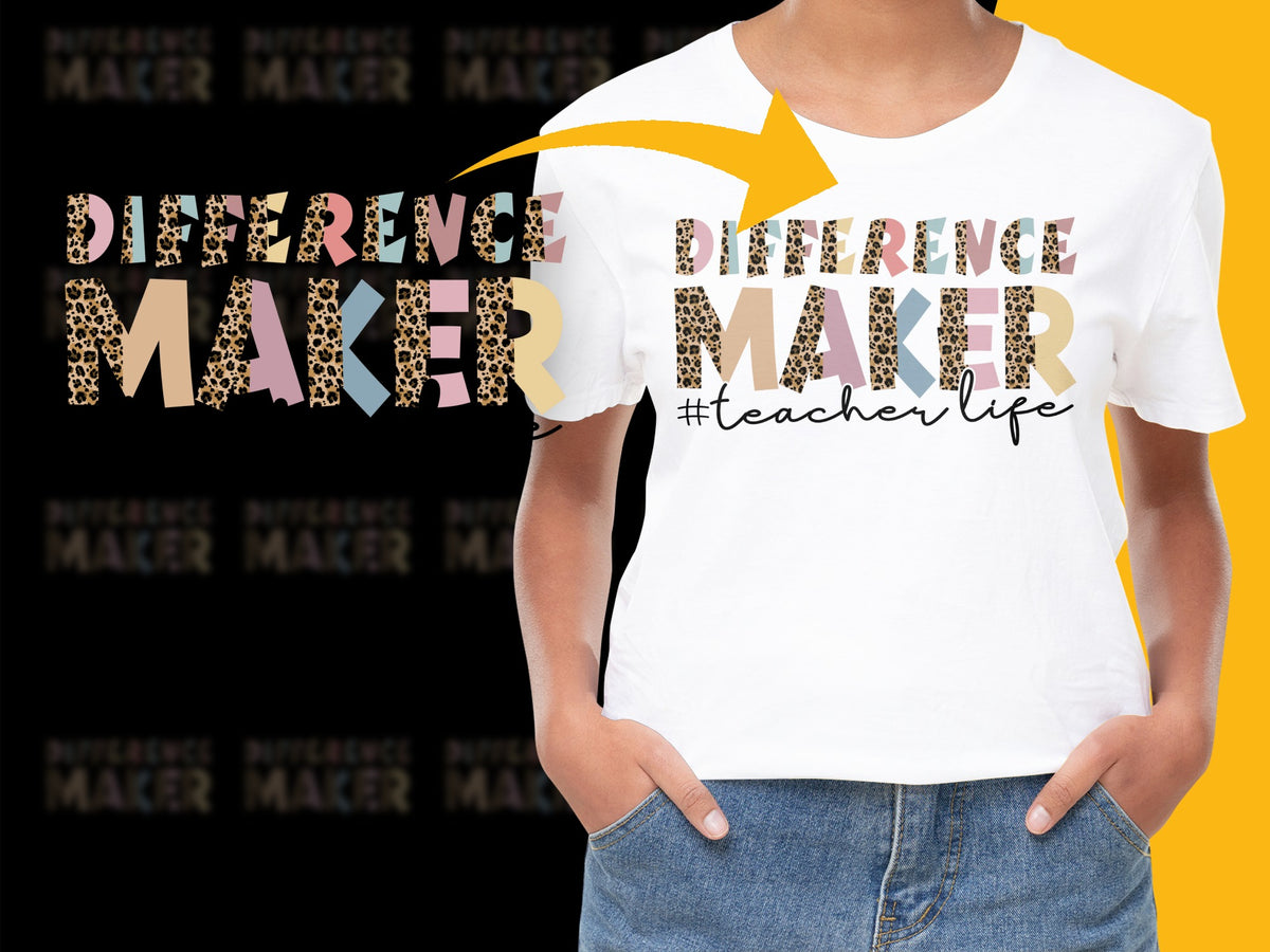 Women's Leopard Print Difference Maker T-Shirt, Teacher Life Graphic Tee, Inspirational Quote Top