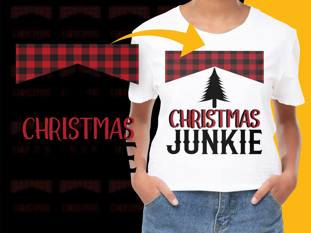 Christmas Junkie T-Shirt, Festive Holiday Tee, Red Plaid, Winter Apparel, Unisex Adult Sizes