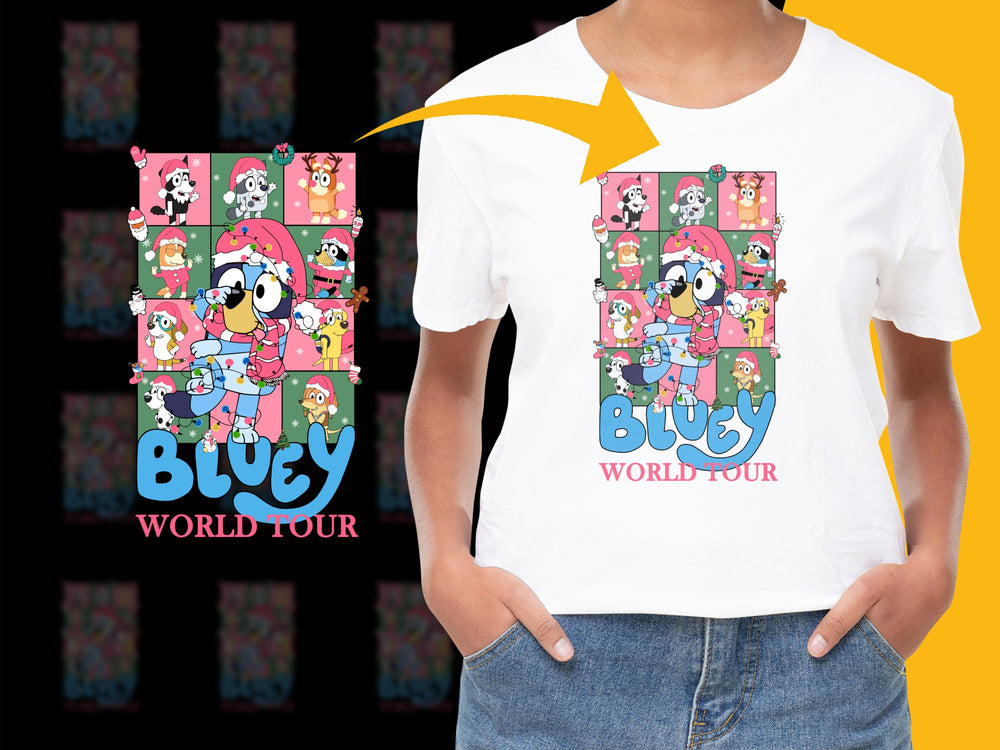 Bluey World Tour T-Shirt, Colorful Cartoon Character Tee, Kids TV Show Merch, Unisex Children's Clothing